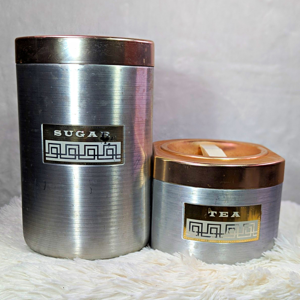 Vintage MCM Century Aluminum Ware Tea Sugar Canister Set Copper Lid 1950s Retro